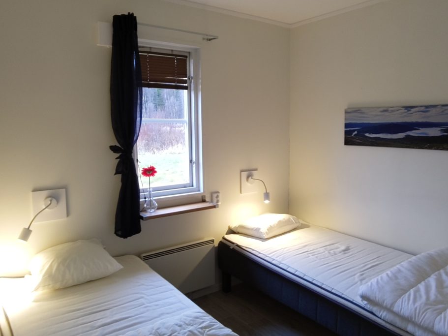 Sovrum 1 Två enkelsängar med lampor i ett ljust rum med fönster och målning på väggen.
