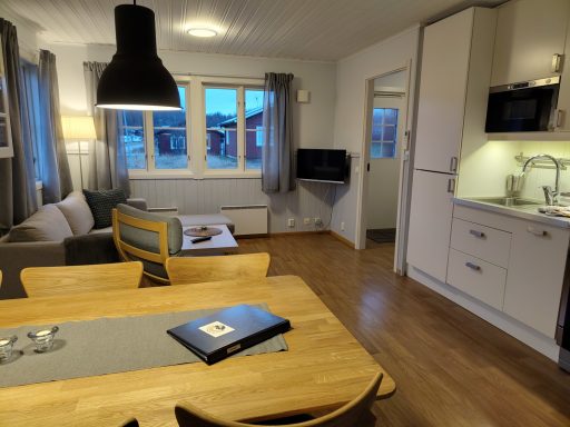 Ljust och modernt rum med köksdel, matbord och mysig soffa.