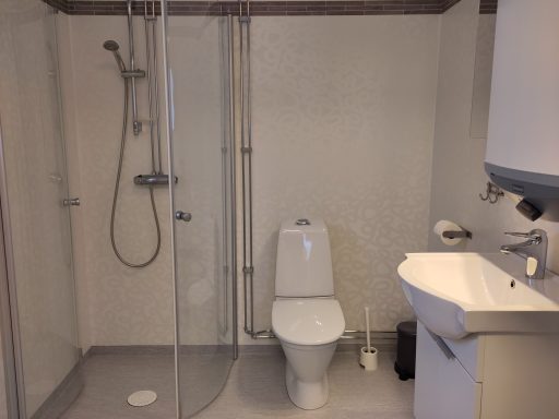 Ett badrum med dusch, toalett och handfat. Grått golv och ljusa väggar.