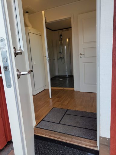 Öppen dörr som leder till en hall med dusch och matta vid ingången.