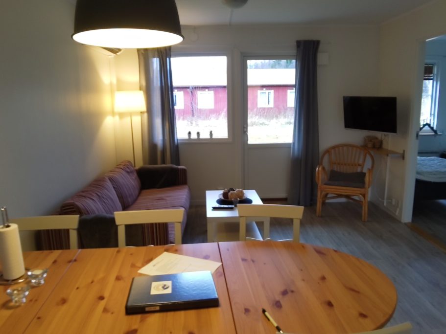 Allrum Ljust rum med soffa, matbord och TV, fönster mot utsidan.